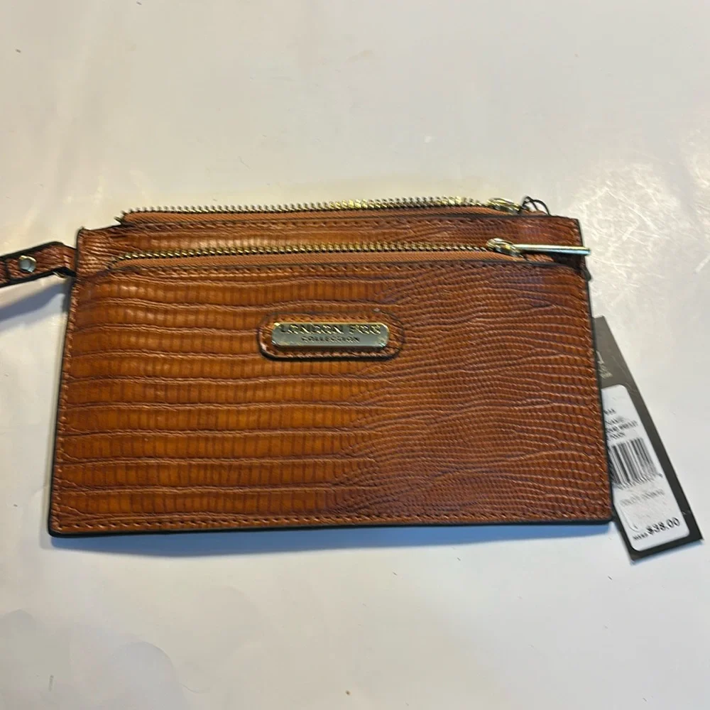 London Fog Danca lizard wristlet with double zippered pouches and inside pocket
